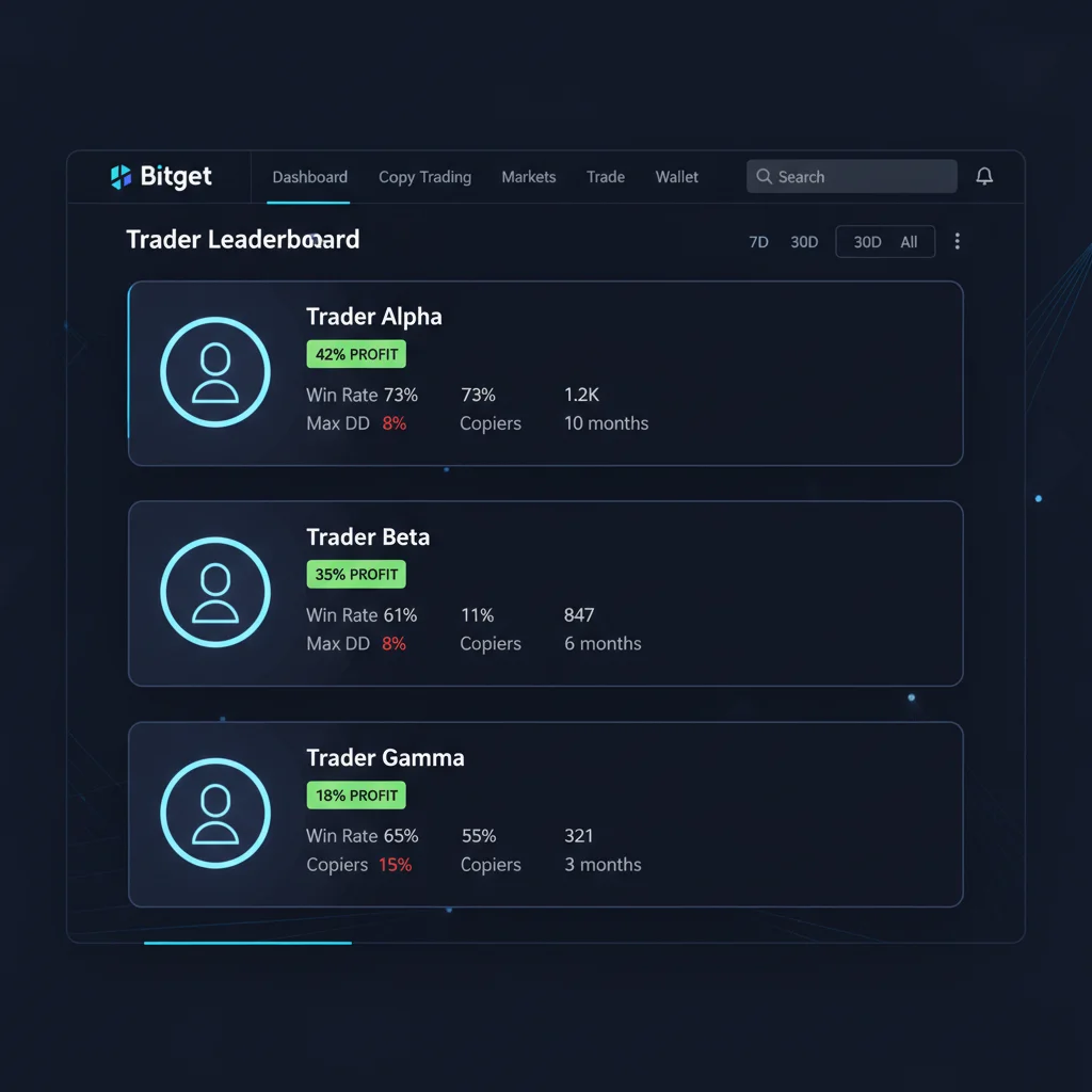 Bitget copy trading trader leaderboard — filtering by win rate, max drawdown, and copier count