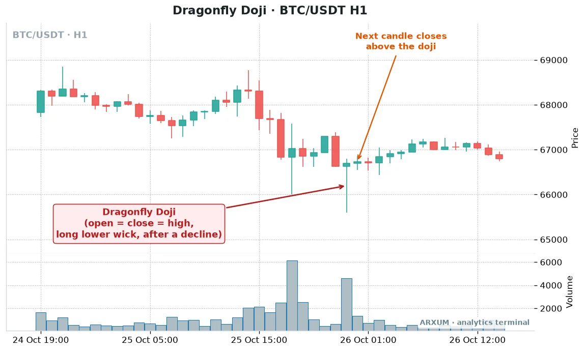 Dragonfly doji on a Bitcoin BTC/USDT 1-hour chart after a sell-off, followed by a shallow recovery