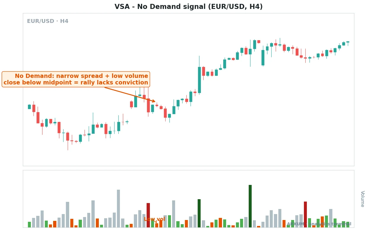 Volume spread analysis no demand signal on a EUR/USD 4-hour chart, a narrow spread up bar on low volume closing below the midpoint of its range marked as no demand showing the rally lacks conviction with the volume panel below